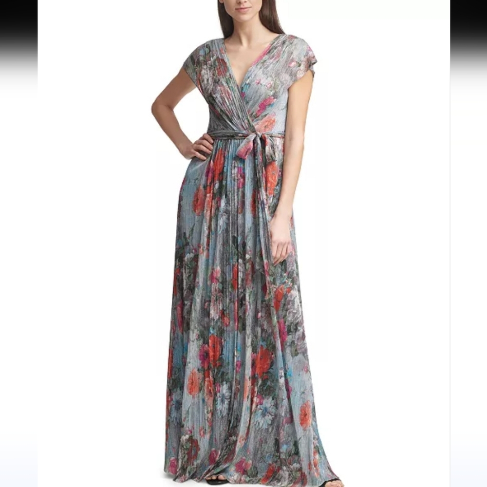 Eliza J V-neck Floral Shimmer Dress, Sz 2 - Picture 1 of 9